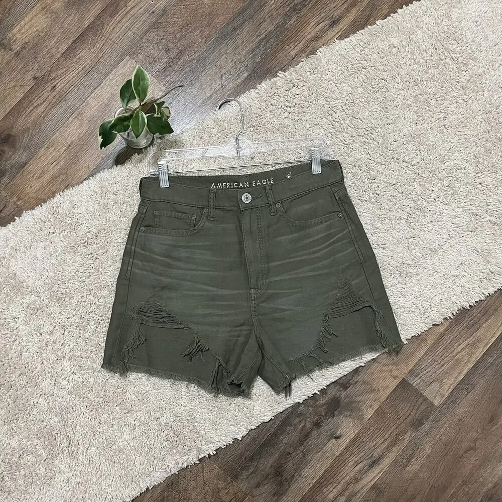 American Eagle Size 6 Green Whiskered Distressed Highest Rise Mom Shorts